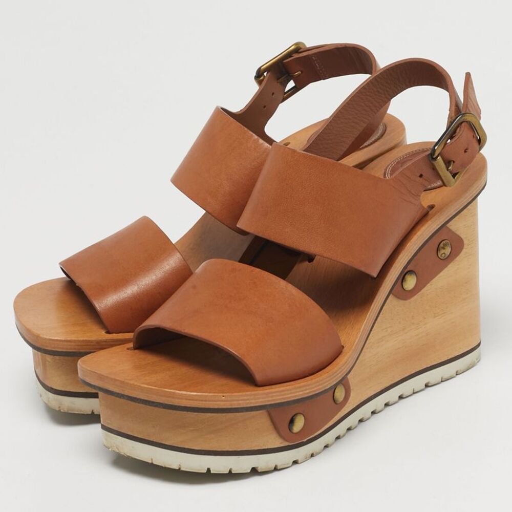 Chloe Size 37 Brown Leather Ankle Strap Wedge Sandals - Picture 2 of 7